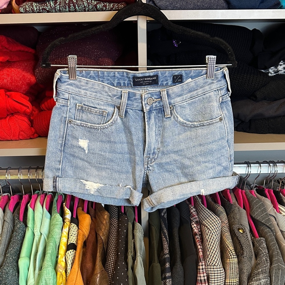 Luck Brand blue distressed cuffed jean shorts size 0 - Picture 1 of 3